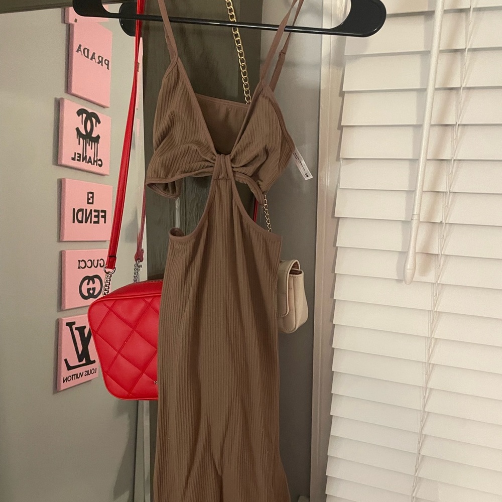 Brown Midi Charolette Russe Dress. Size S/M
